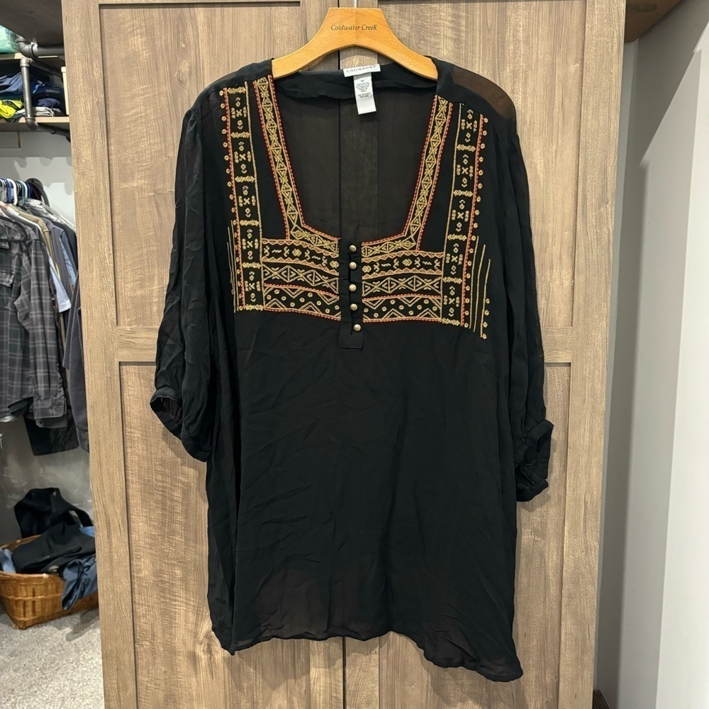 Catherines 1X Top Black Sheer Embroidered Square Neck 3/4 sleeves Boho